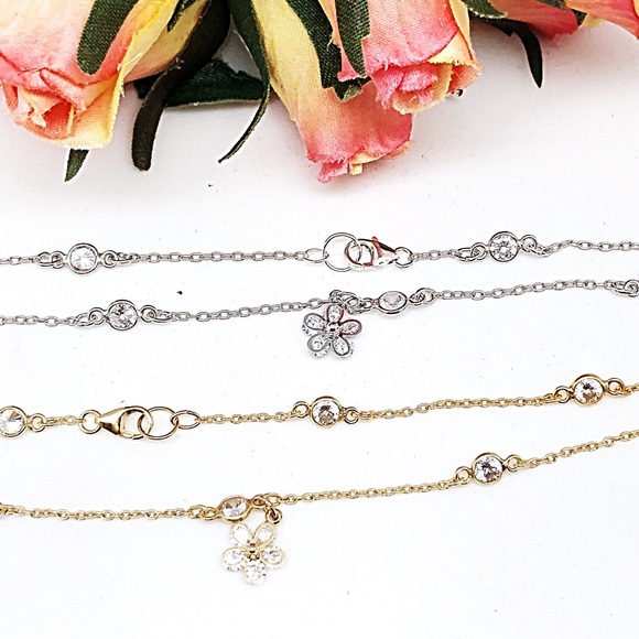 CZ Flower Anklet CZ Chain 9” or 10” Silver/ Gold - Picture 3 of 6